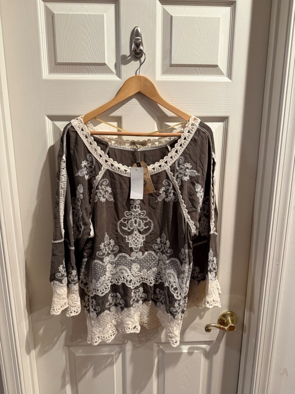 Democracy Olive Green Tunic with Cream Lace Trim